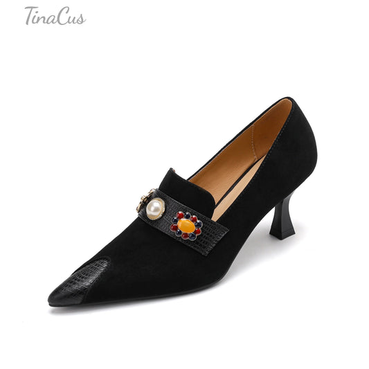 TinaCus Women's Cap Toe Handmade Stiletto Mid Heels Suede Leather Trendy Pumps Shoes