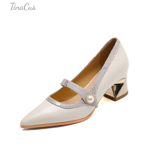 TinaCus Genuine Leather Women's Pointed Toe Handmade Chunky Heels Elegant Dress Pumps Shoes