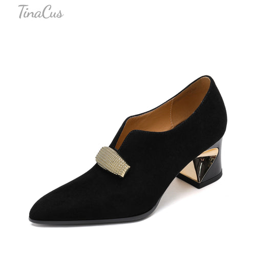 TinaCus Suede Leather Handmade Low Heels Women's Pointed Toe V-shped Pumps Shoes with Rhinestones