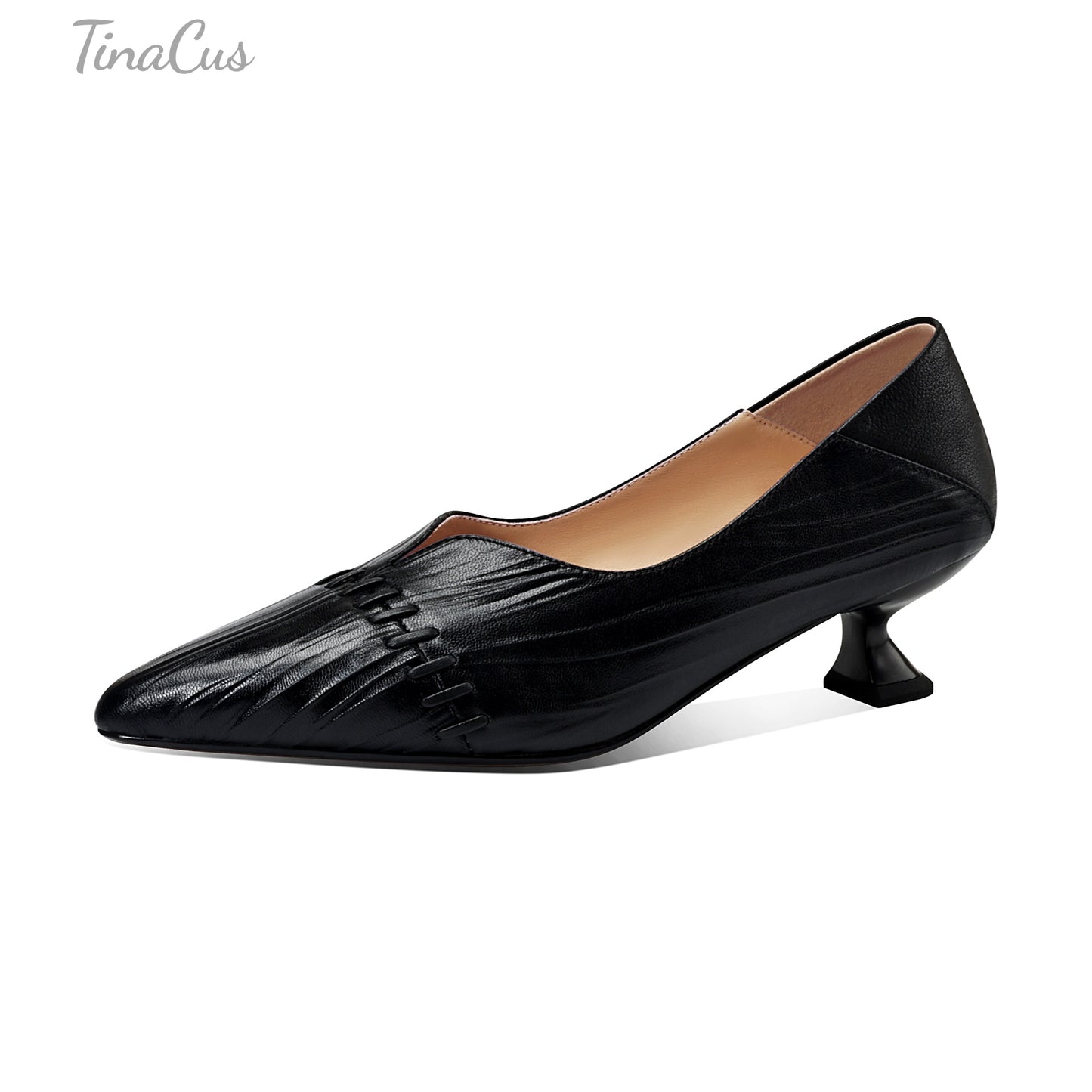 TinaCus Women's Pointed Toe Genuine Leather Handmade Stitched Kitten Heel V Cut Pumps Shoes