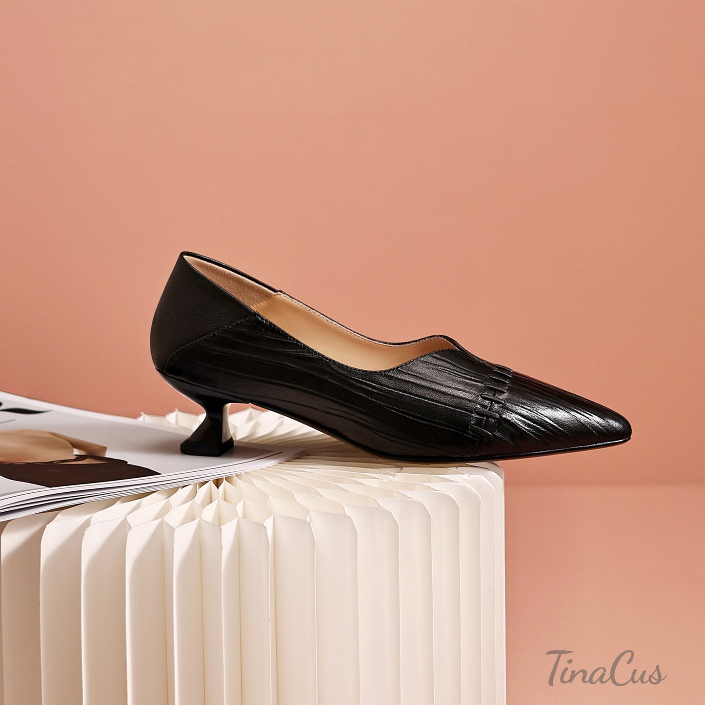 TinaCus Women's Pointed Toe Genuine Leather Handmade Stitched Kitten Heel V Cut Pumps Shoes