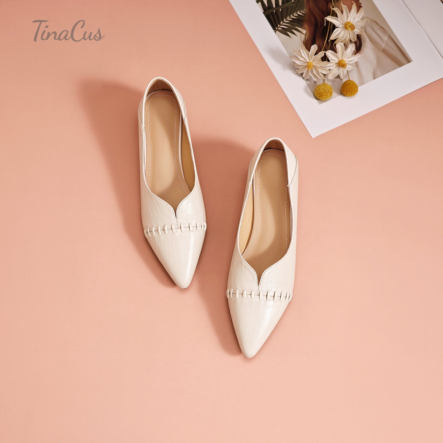 TinaCus Women's Pointed Toe Genuine Leather Handmade Stitched Kitten Heel V Cut Pumps Shoes
