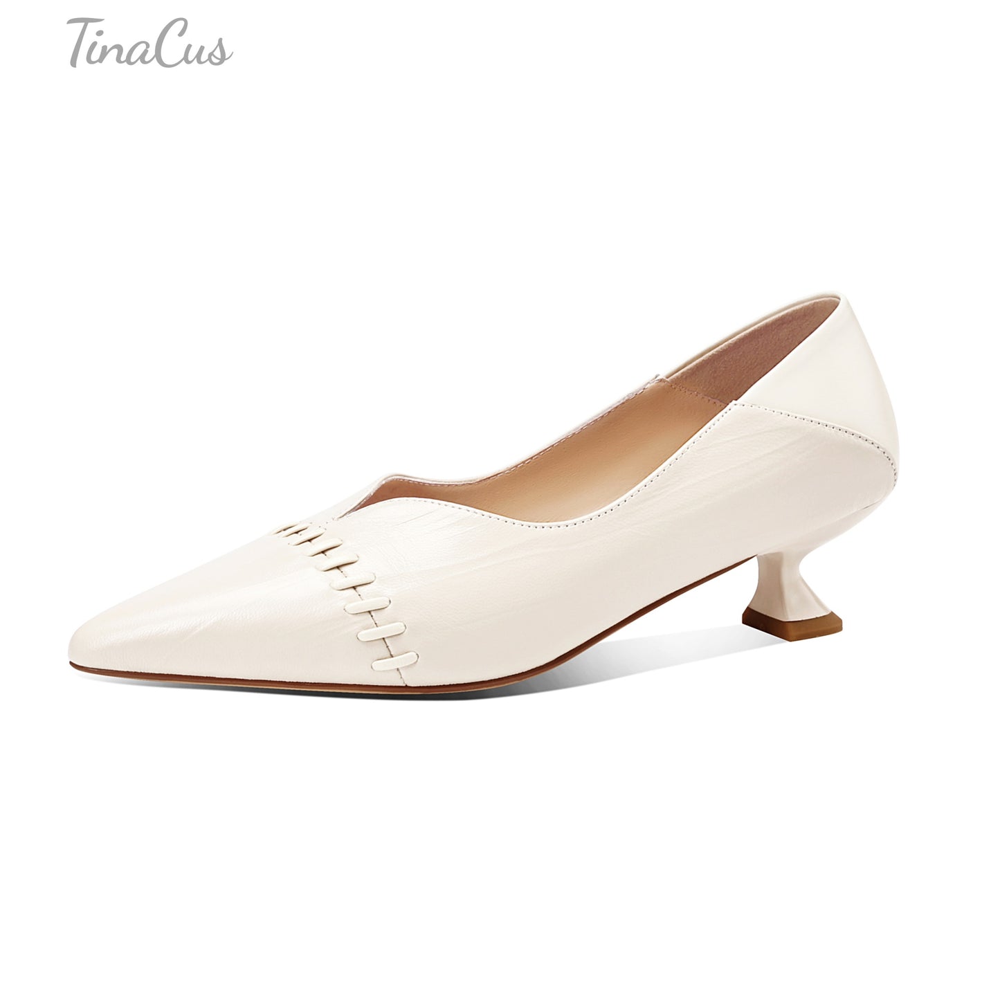TinaCus Women's Pointed Toe Genuine Leather Handmade Stitched Kitten Heel V Cut Pumps Shoes