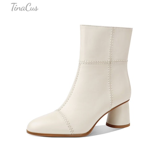 TinaCus Women's Round Toe Handmade Side Zipper Mid Chunky Heels Genuine Leather Ankle Boots