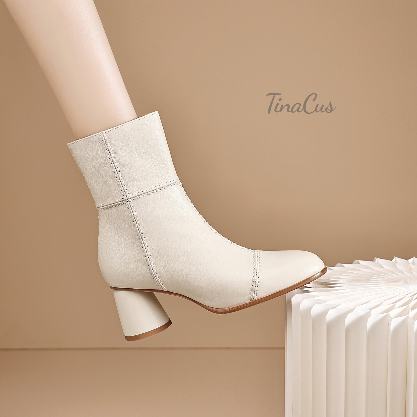 TinaCus Women's Round Toe Handmade Side Zipper Mid Chunky Heels Genuine Leather Ankle Boots