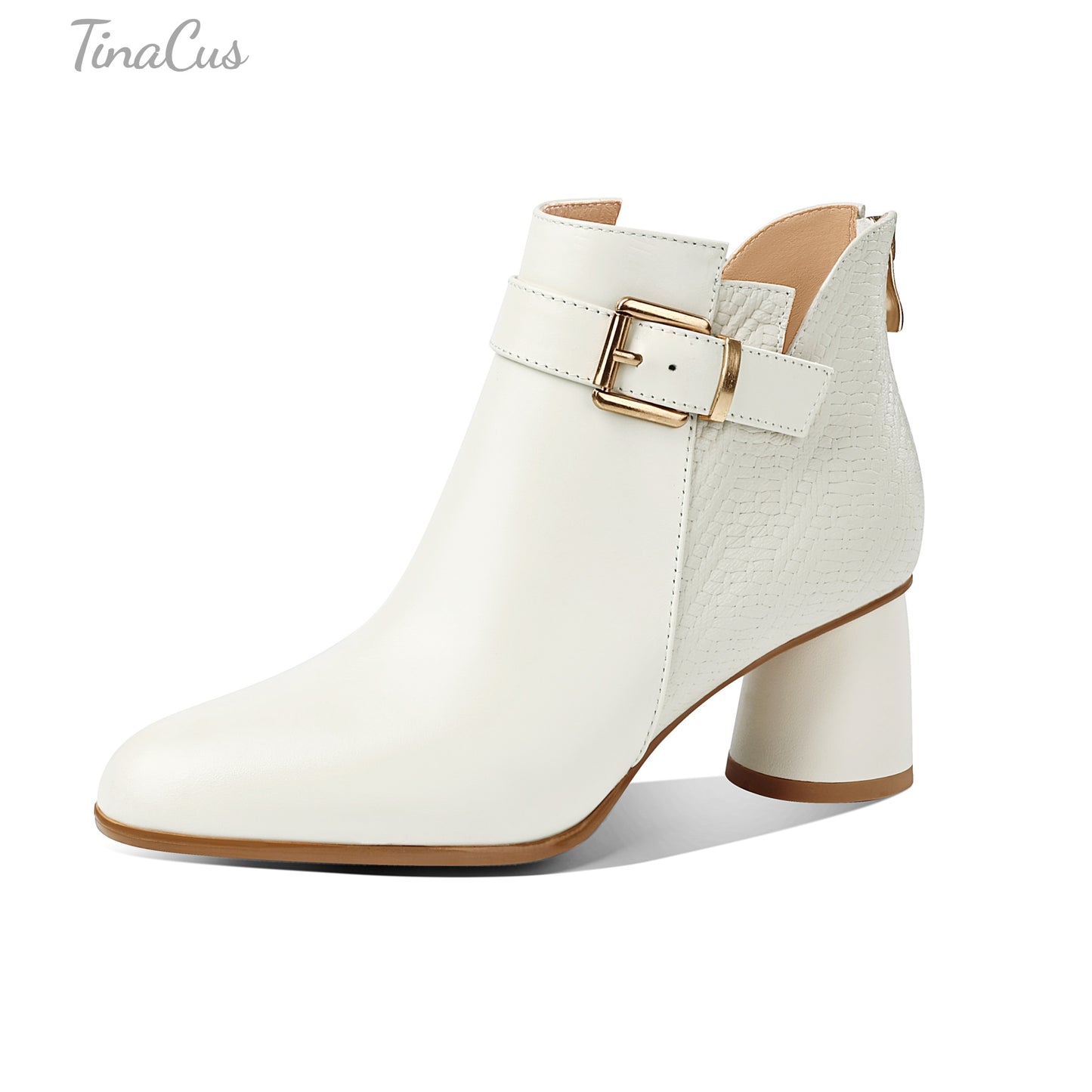 TinaCus Women's Round Toe Handmade Strap Buckle Chunky Heels Genuine Leather Zip up Ankle Boots