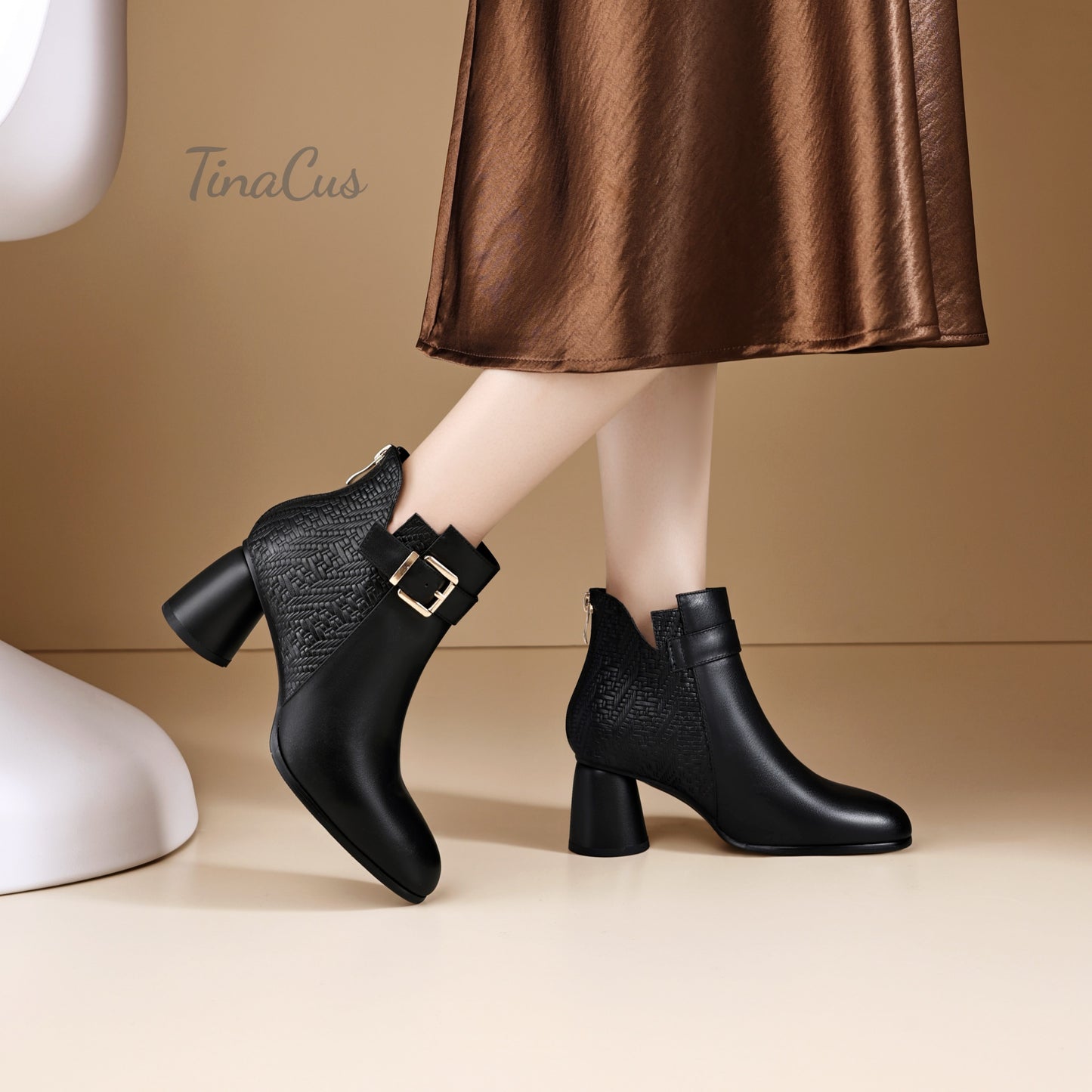 TinaCus Women's Round Toe Handmade Strap Buckle Chunky Heels Genuine Leather Zip up Ankle Boots