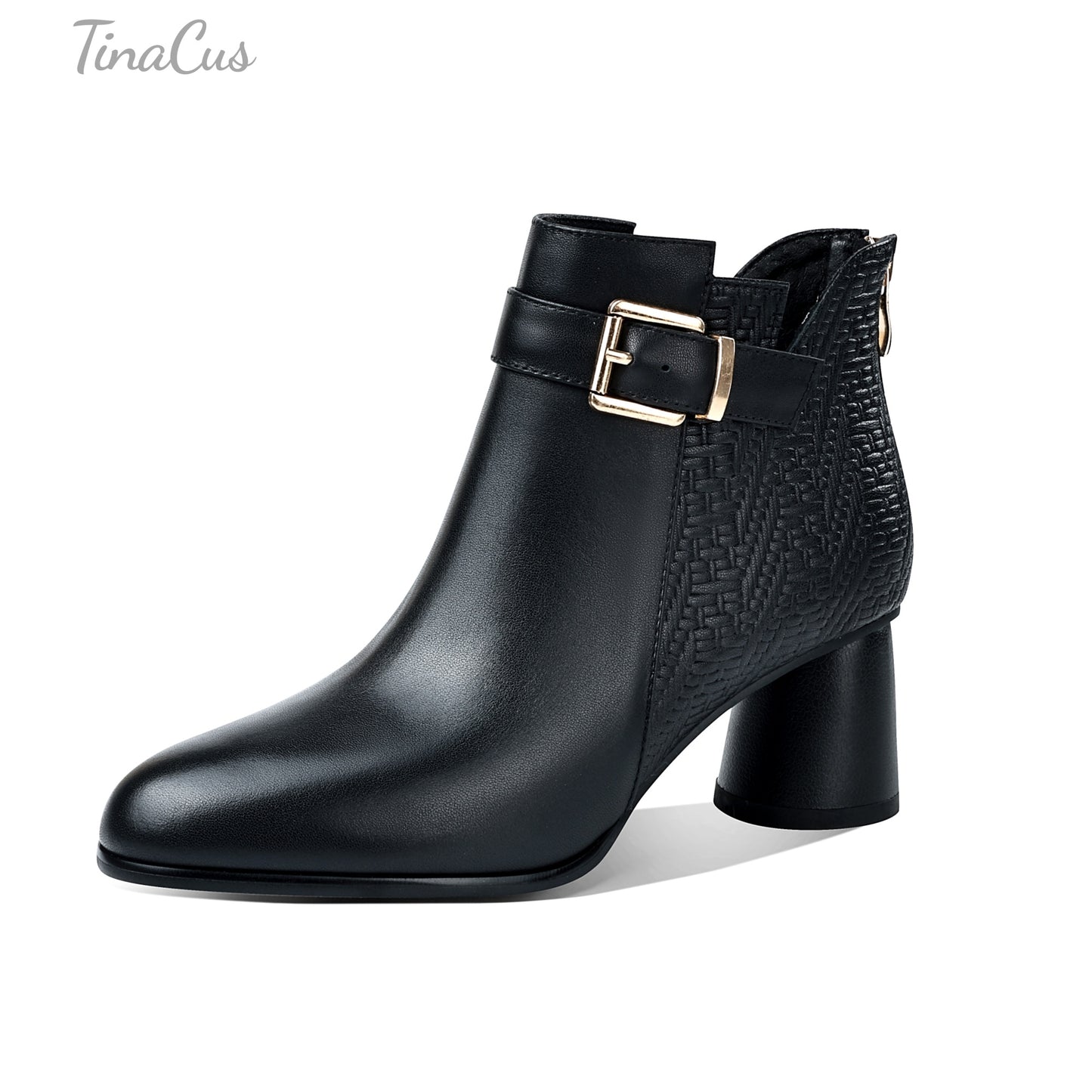 TinaCus Women's Round Toe Handmade Strap Buckle Chunky Heels Genuine Leather Zip up Ankle Boots