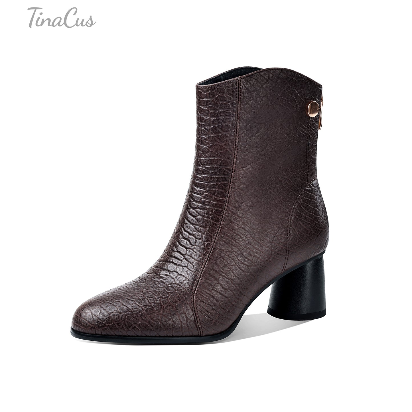 TinaCus Genuine Leather Women's Round Toe Handmade Mid Chunky Heels Chic Ankle Boots with Zipper