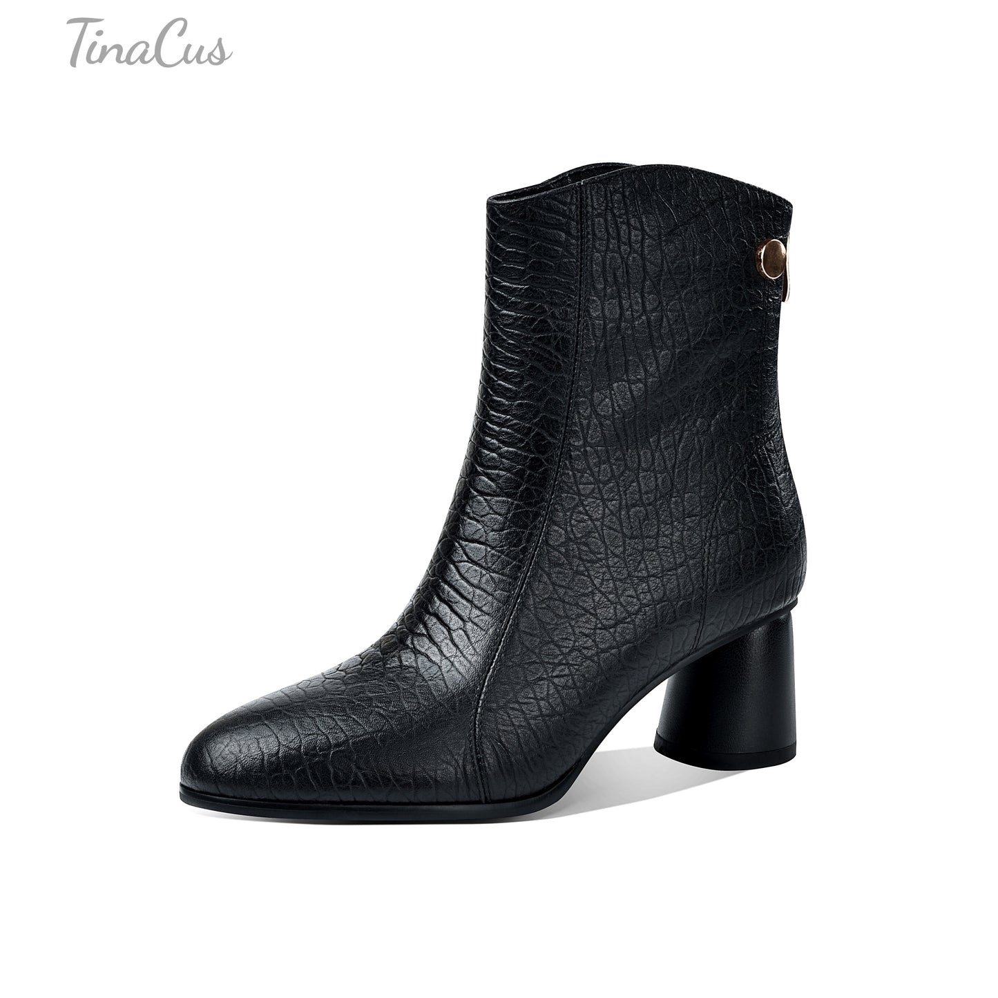 TinaCus Genuine Leather Women's Round Toe Handmade Mid Chunky Heels Chic Ankle Boots with Zipper