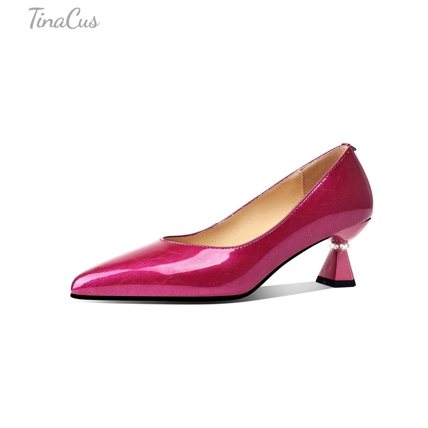 TinaCus Handmade Women's Patent Leather Pointed Toe Slip On Low Heel with Rhinetone Pumps Shoes