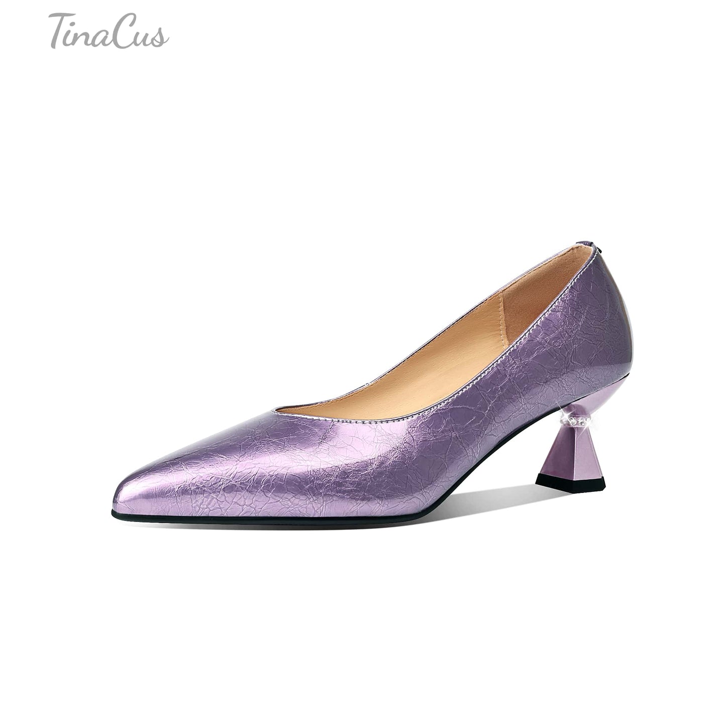 TinaCus Handmade Women's Patent Leather Pointed Toe Slip On Low Heel with Rhinetone Pumps Shoes