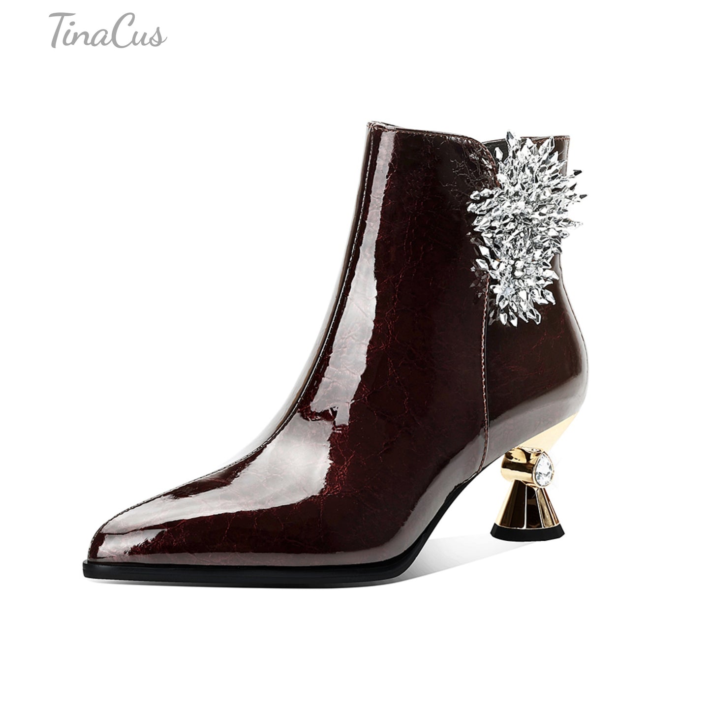 TinaCus Handmade Flower Women's Short Boots Glossy Patent Leather Pointed Toe Zip up Mid Heels Ankle Booties