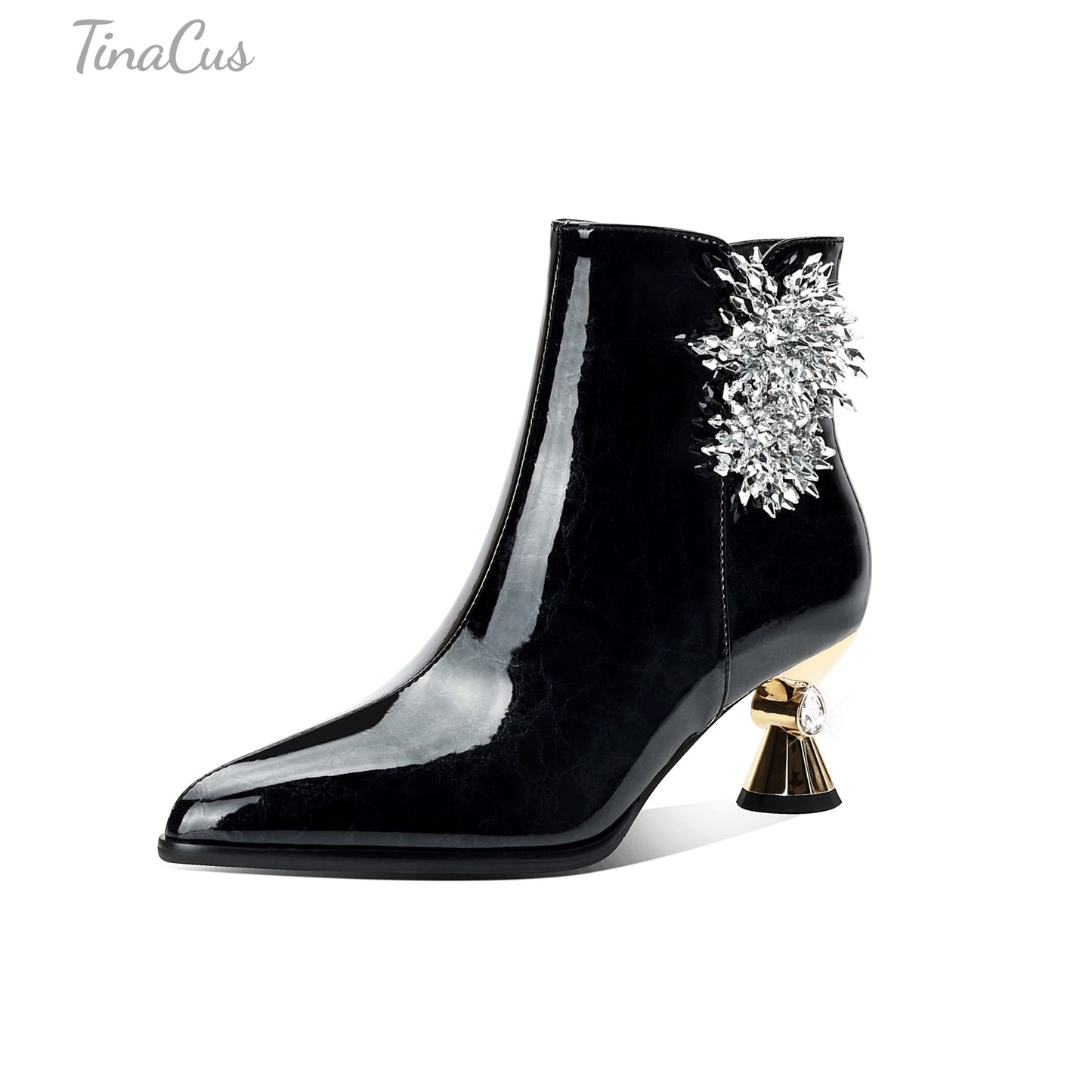 TinaCus Handmade Flower Women's Short Boots Glossy Patent Leather Pointed Toe Zip up Mid Heels Ankle Booties