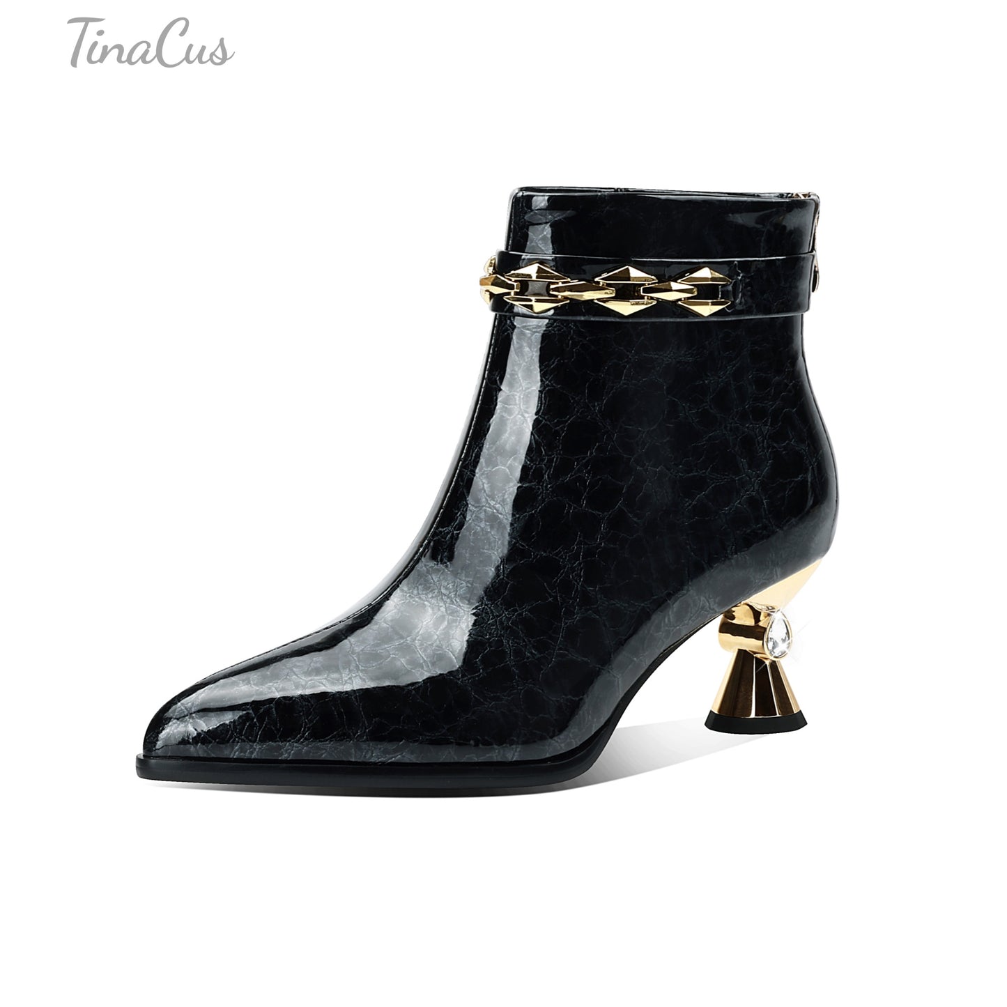 TinaCus Patent Leather Ankle Boots Women's Pointed Toe Handmade Mid Heels Zip up Booties with Chain