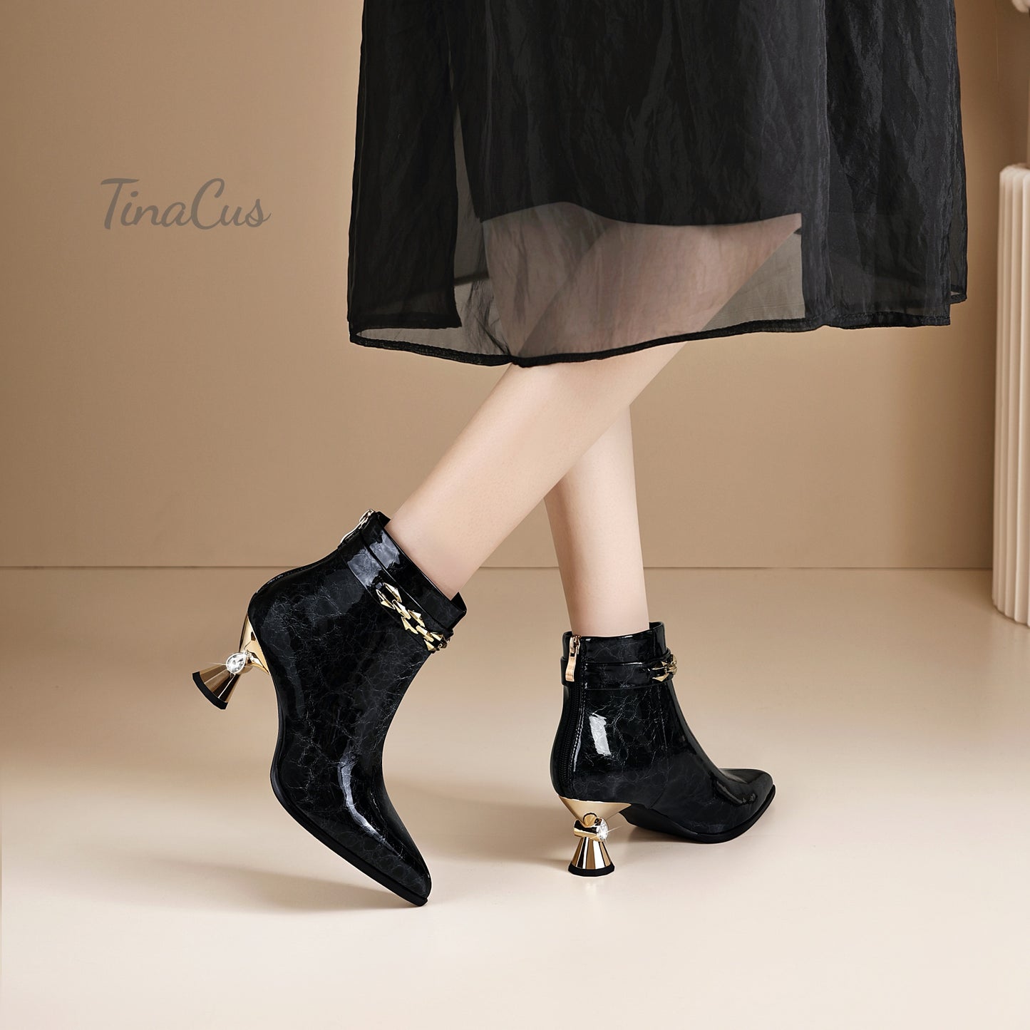 TinaCus Patent Leather Ankle Boots Women's Pointed Toe Handmade Mid Heels Zip up Booties with Chain
