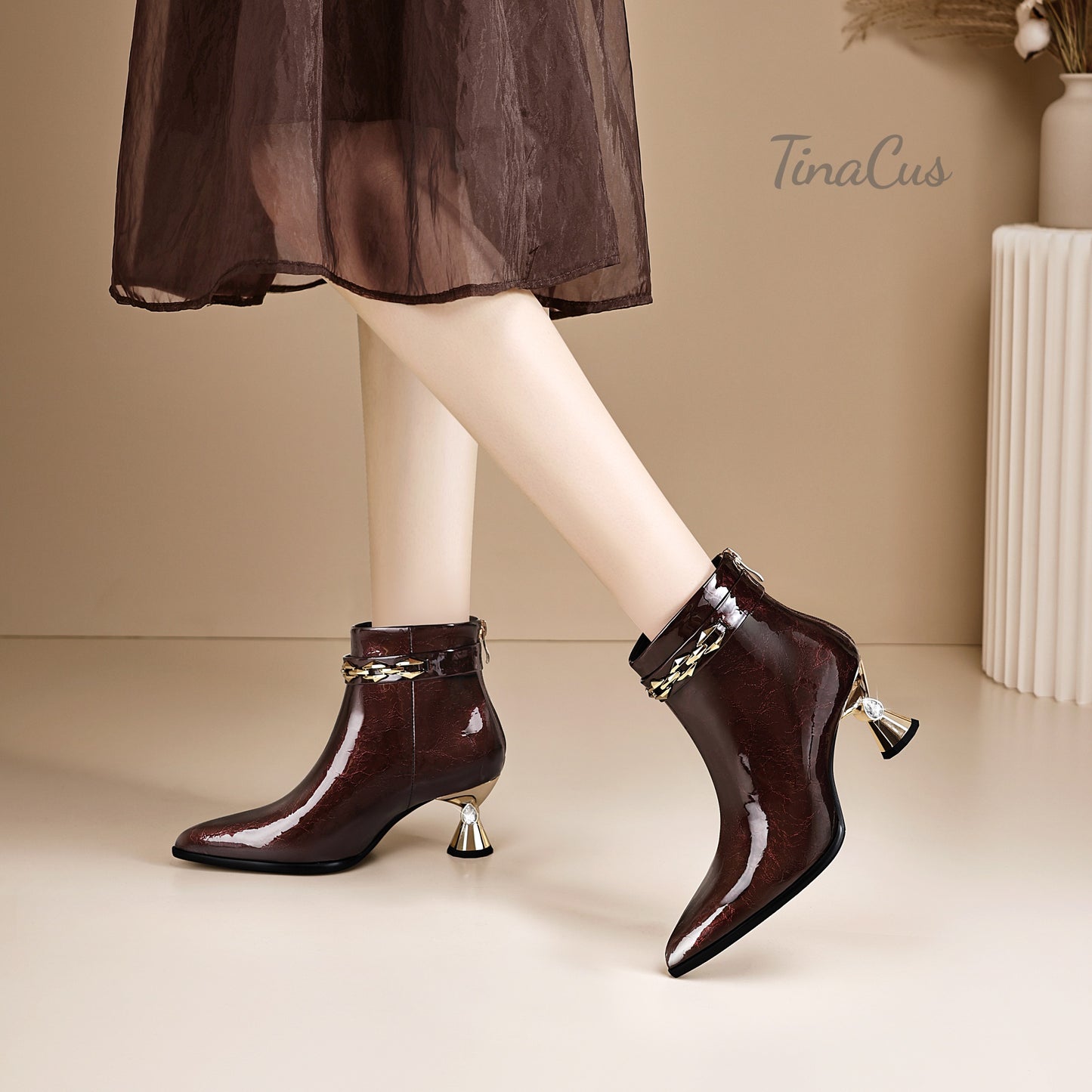 TinaCus Patent Leather Ankle Boots Women's Pointed Toe Handmade Mid Heels Zip up Booties with Chain