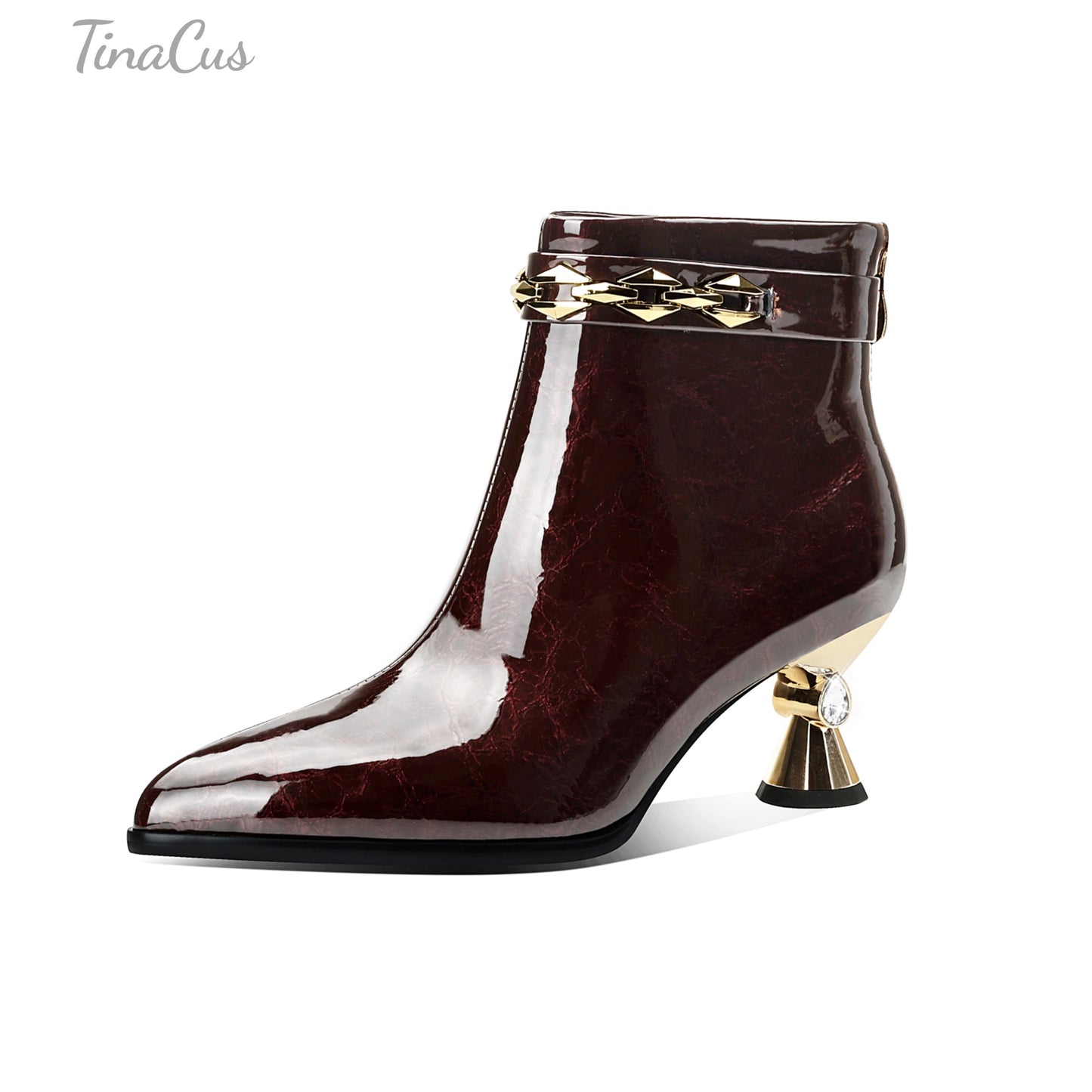 TinaCus Patent Leather Ankle Boots Women's Pointed Toe Handmade Mid Heels Zip up Booties with Chain