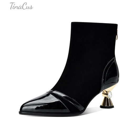 TinaCus Women's Pointed Toe Patent & Suede Leather Handmade Mid Heels Elegant Ankle Boots with Back Zipper