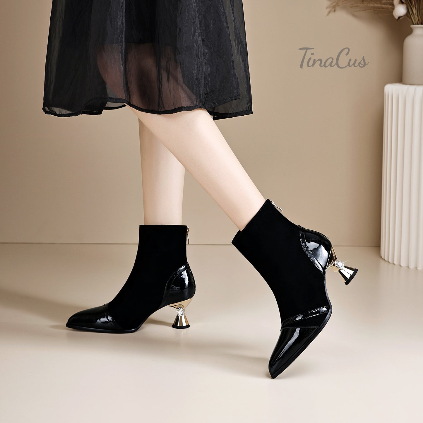 TinaCus Women's Pointed Toe Patent & Suede Leather Handmade Mid Heels Elegant Ankle Boots with Back Zipper