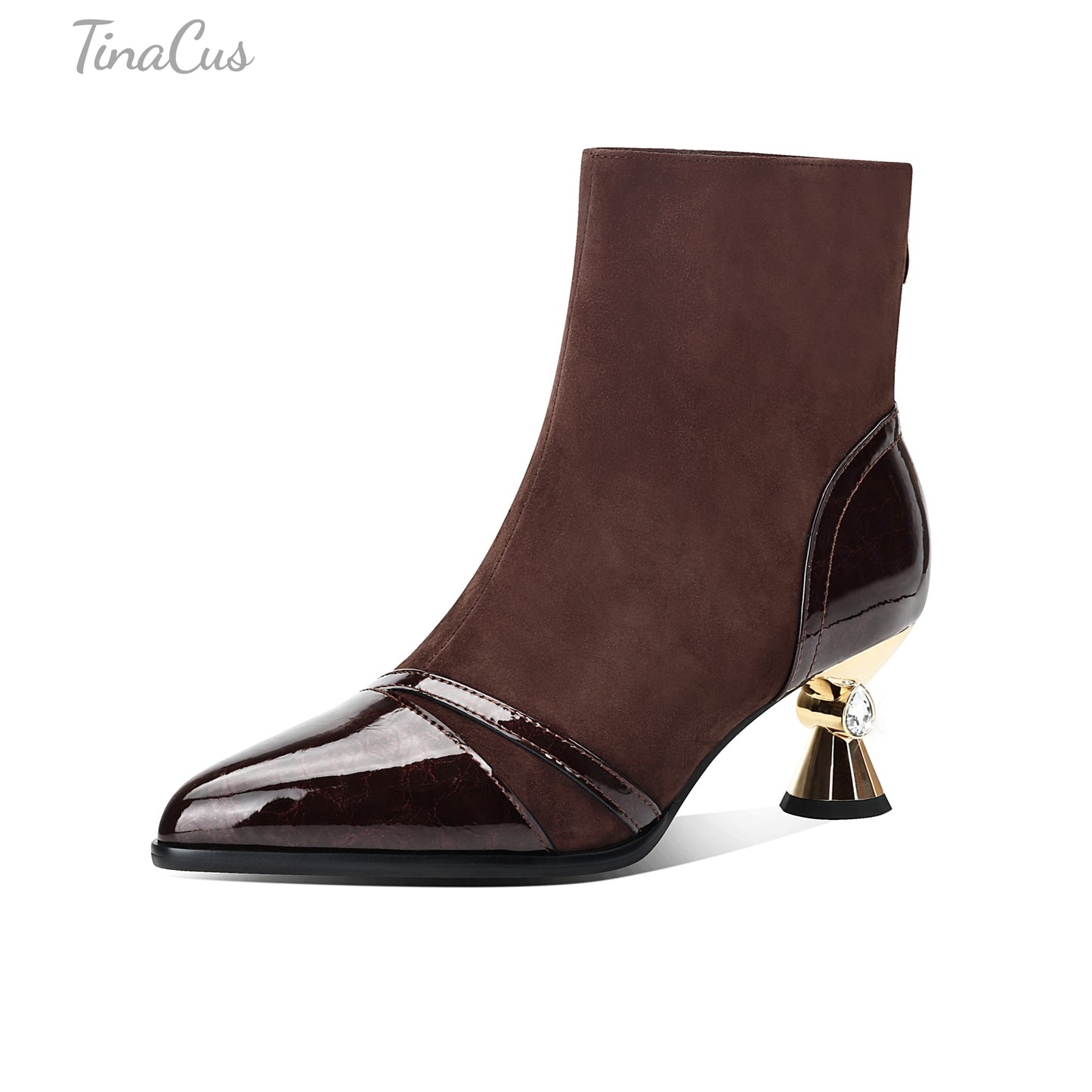 TinaCus Women's Pointed Toe Patent & Suede Leather Handmade Mid Heels Elegant Ankle Boots with Back Zipper