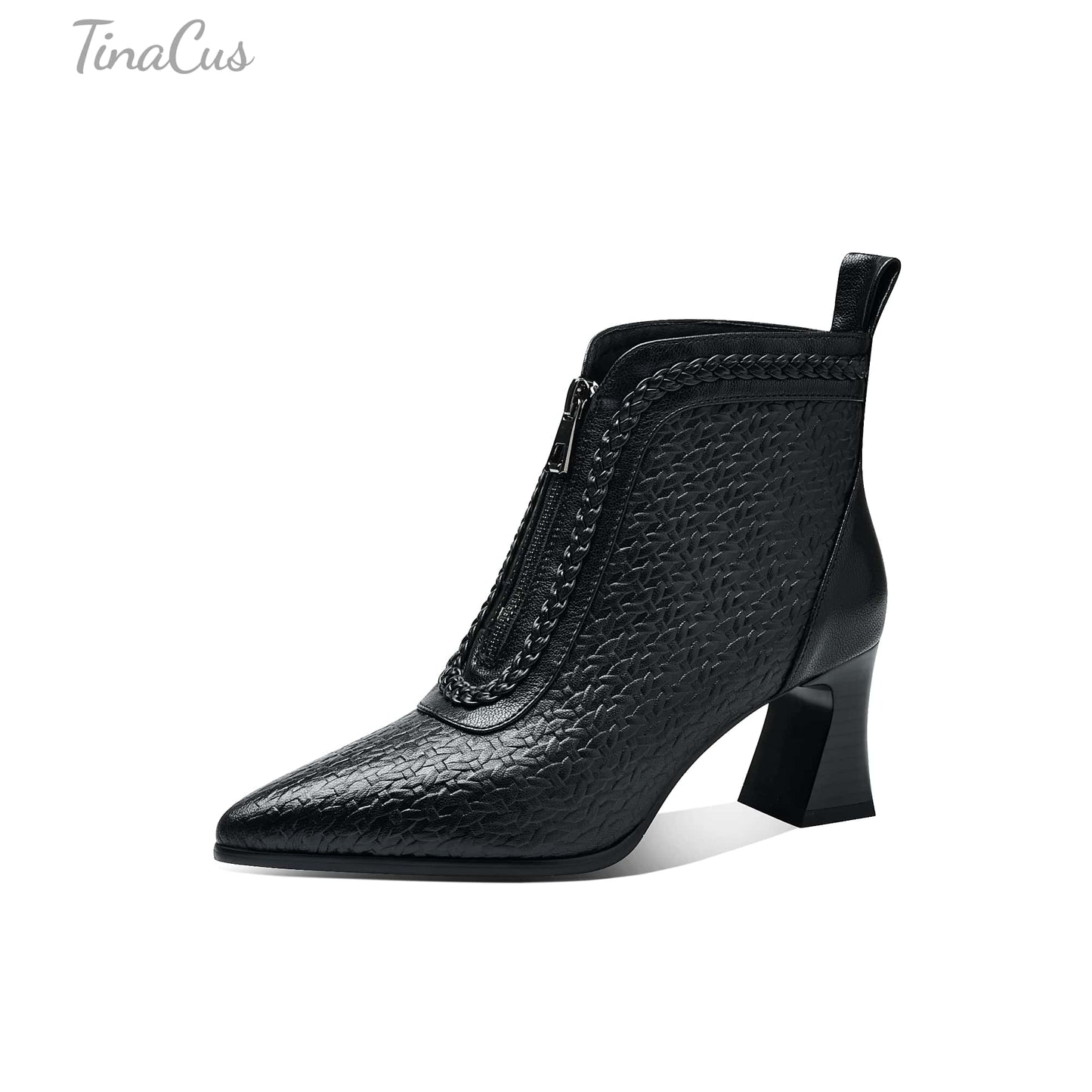 TinaCus Women's Genuine Leather Handmade Embossed Front Zipper Pointed Toe Spool Low Heel Ankle Booties