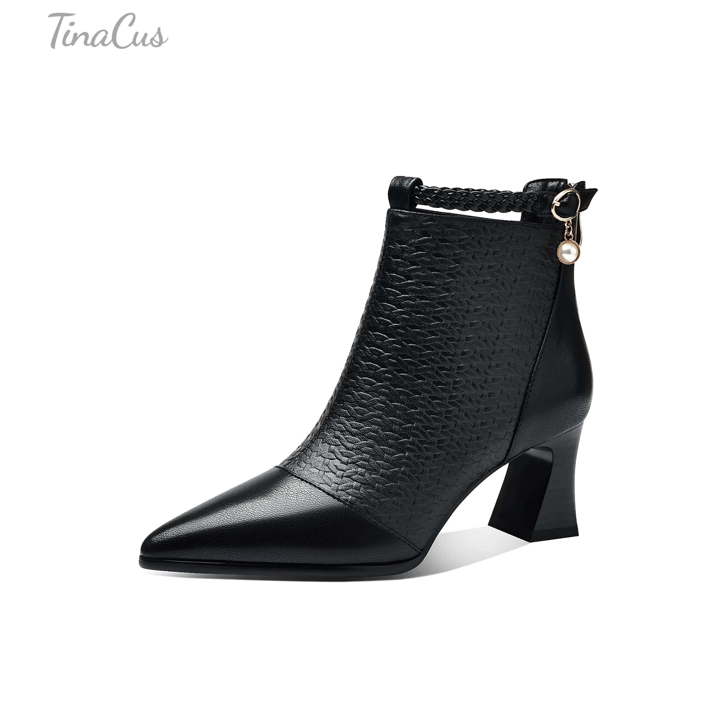 TinaCus Women's Genuine Leather Handmade Embossed Ankle Pendant Pointed Toe Spool Low Heel Ankle Booties