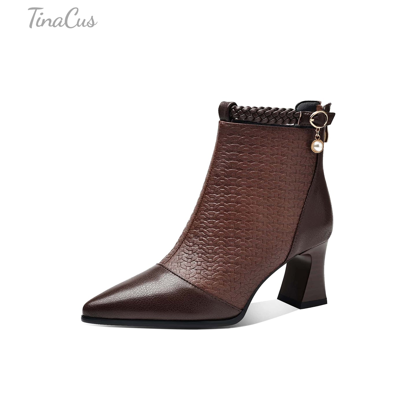 TinaCus Women's Genuine Leather Handmade Embossed Ankle Pendant Pointed Toe Spool Low Heel Ankle Booties