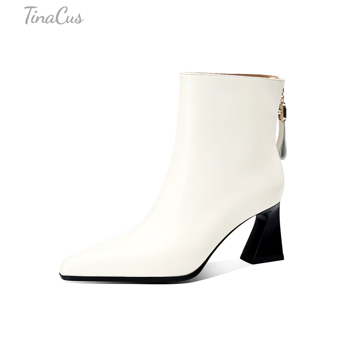 TinaCus Women Pointed Toe Genuine Leather Flare Block Heel Back Zipper Ankle Booties