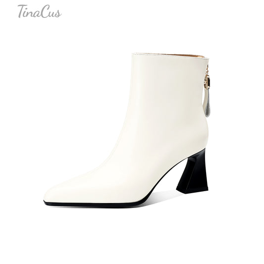 TinaCus Women Pointed Toe Genuine Leather Flare Block Heel Back Zipper Ankle Booties