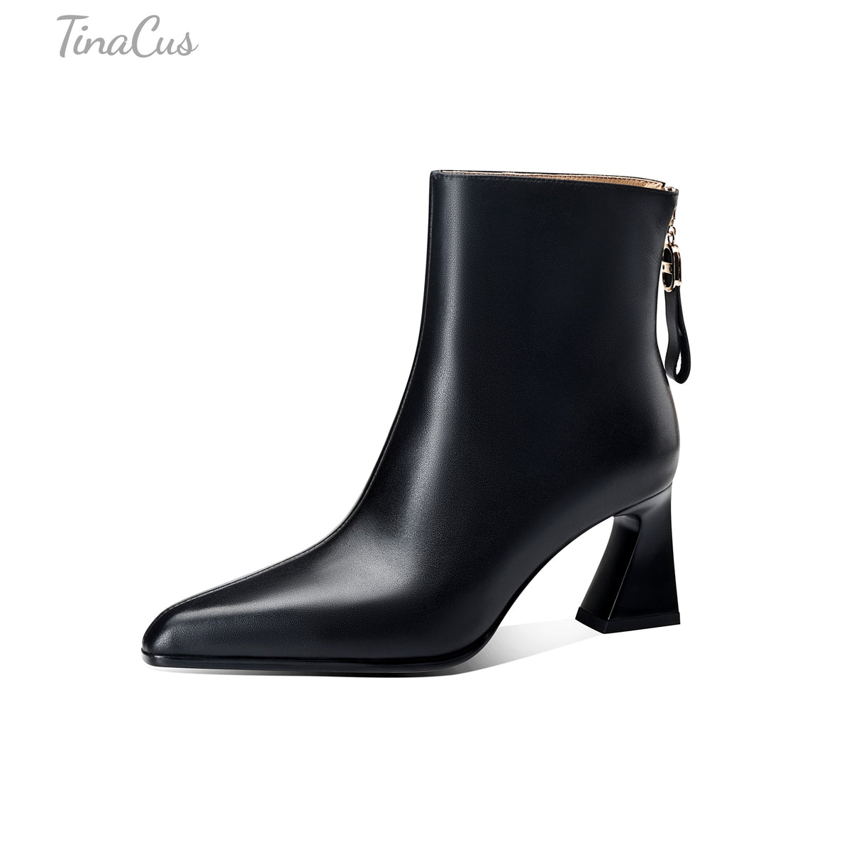 TinaCus Women Pointed Toe Genuine Leather Flare Block Heel Back Zipper Ankle Booties