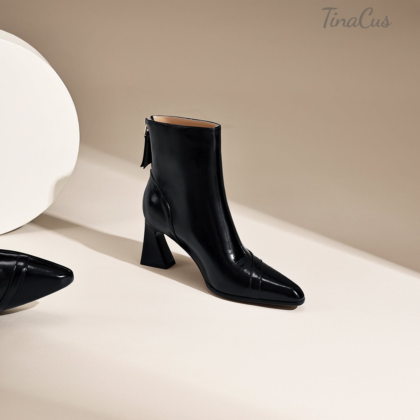 TinaCus Genuine Leather Women’s Pointed Toe Back Zipper Spool Heel Short Boots