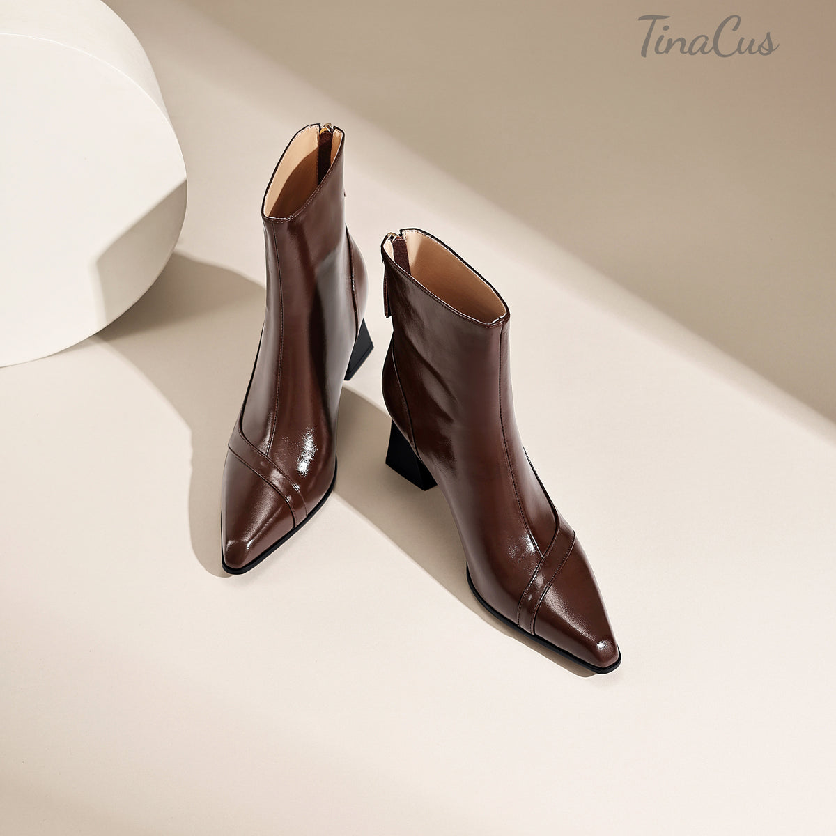 TinaCus Genuine Leather Women’s Pointed Toe Back Zipper Spool Heel Short Boots
