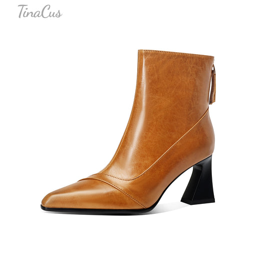 TinaCus Genuine Leather Women’s Pointed Toe Back Zipper Spool Heel Short Boots