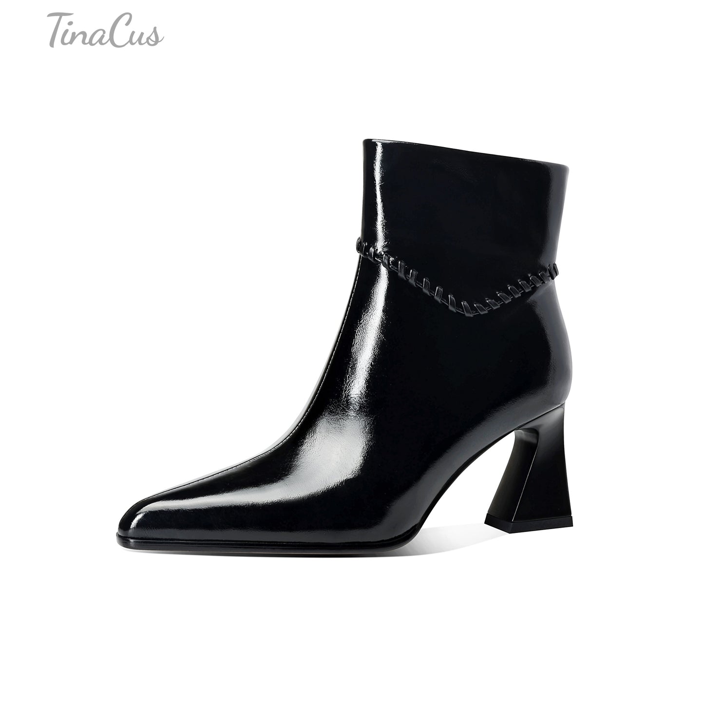 TinaCus Women’s Genuine Leather Pointed Toe Braided Trim Block Heel Ankle Booties