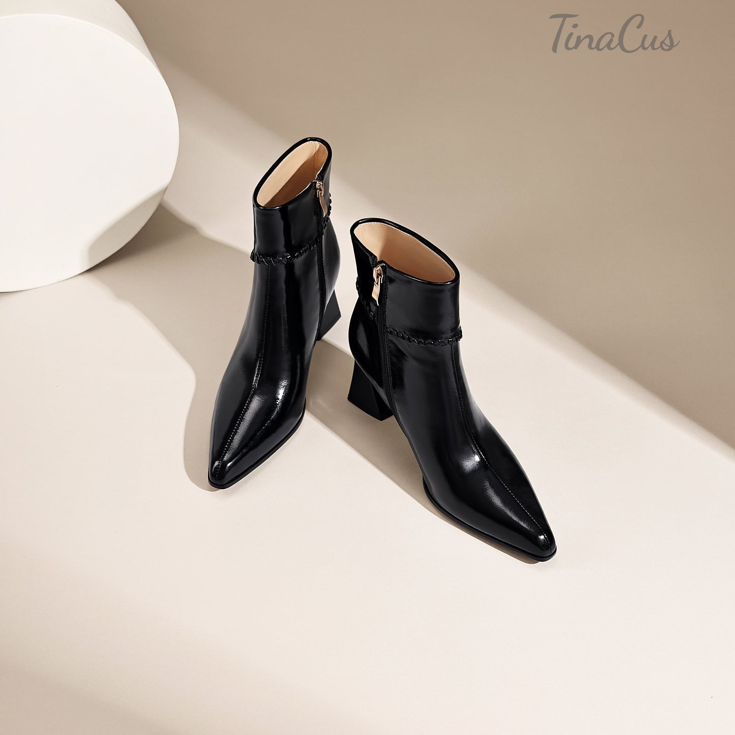 TinaCus Women’s Genuine Leather Pointed Toe Braided Trim Block Heel Ankle Booties