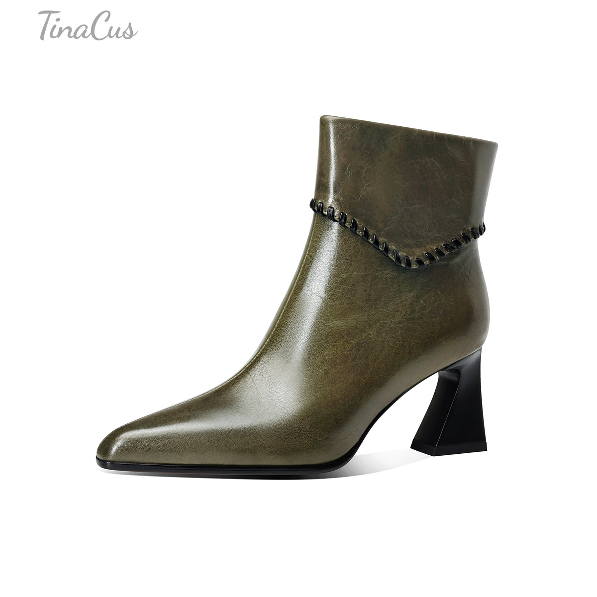 TinaCus Women’s Genuine Leather Pointed Toe Braided Trim Block Heel Ankle Booties