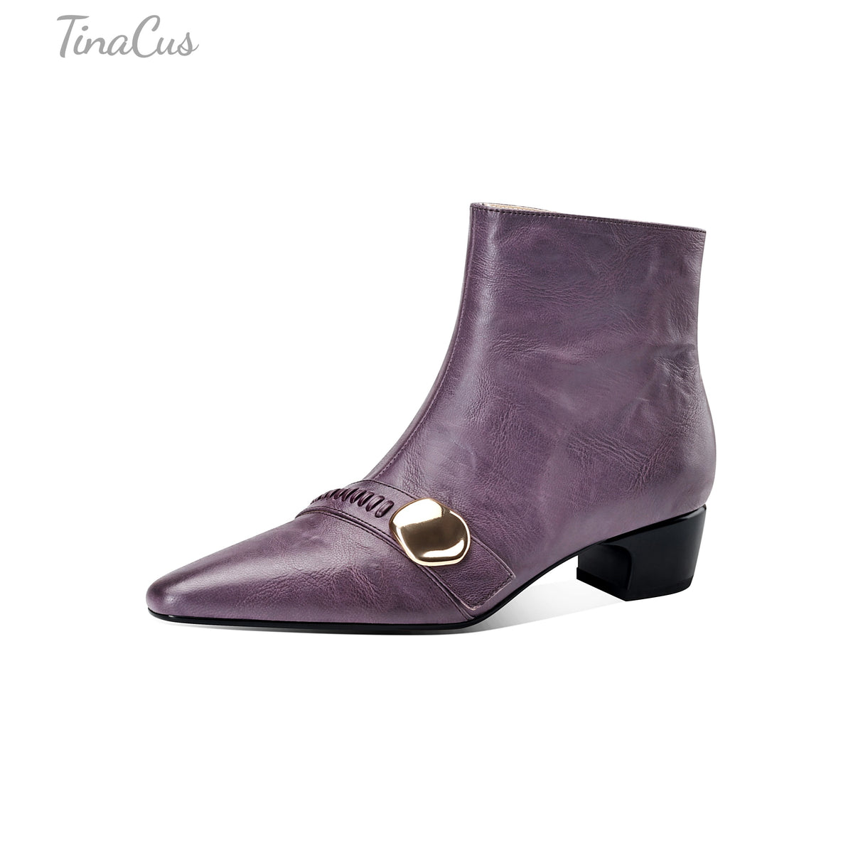TinaCus Women’s Low Block Heel Handmade Side Zipper Gold Buckle Ankle Booties