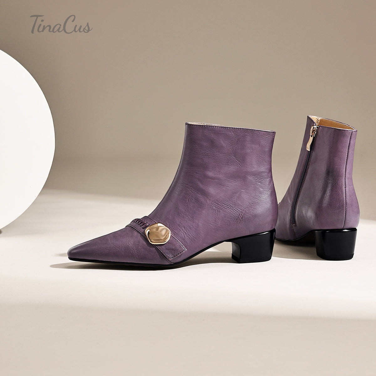 TinaCus Women’s Low Block Heel Handmade Side Zipper Gold Buckle Ankle Booties