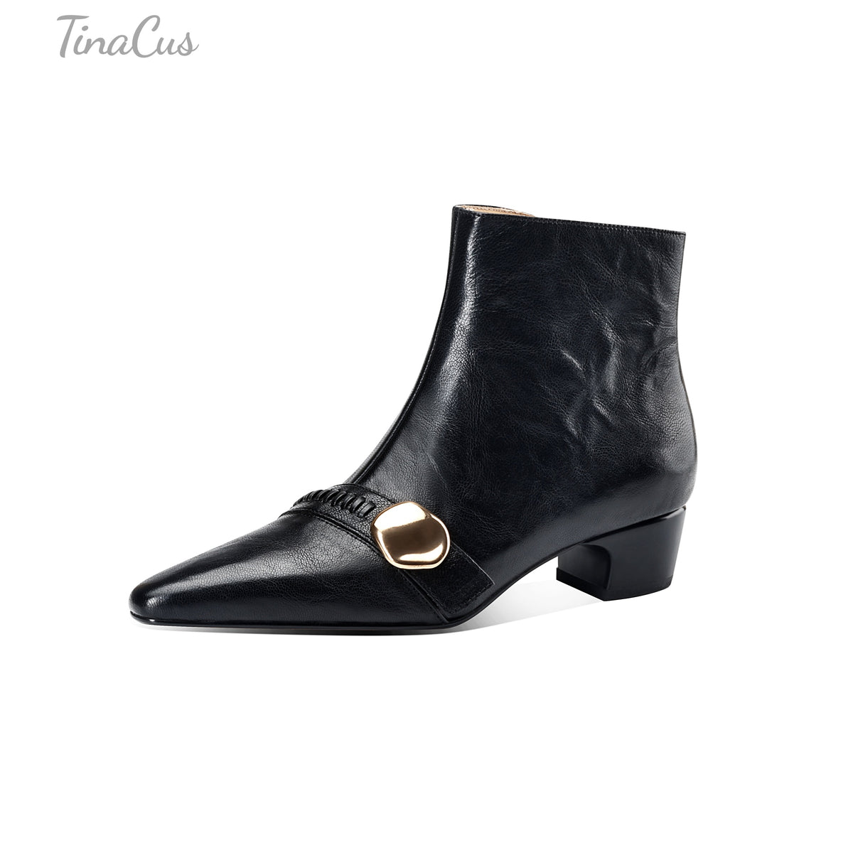 TinaCus Women’s Low Block Heel Handmade Side Zipper Gold Buckle Ankle Booties