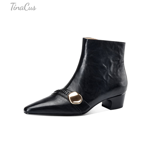 TinaCus Women’s Low Block Heel Handmade Side Zipper Gold Buckle Ankle Booties