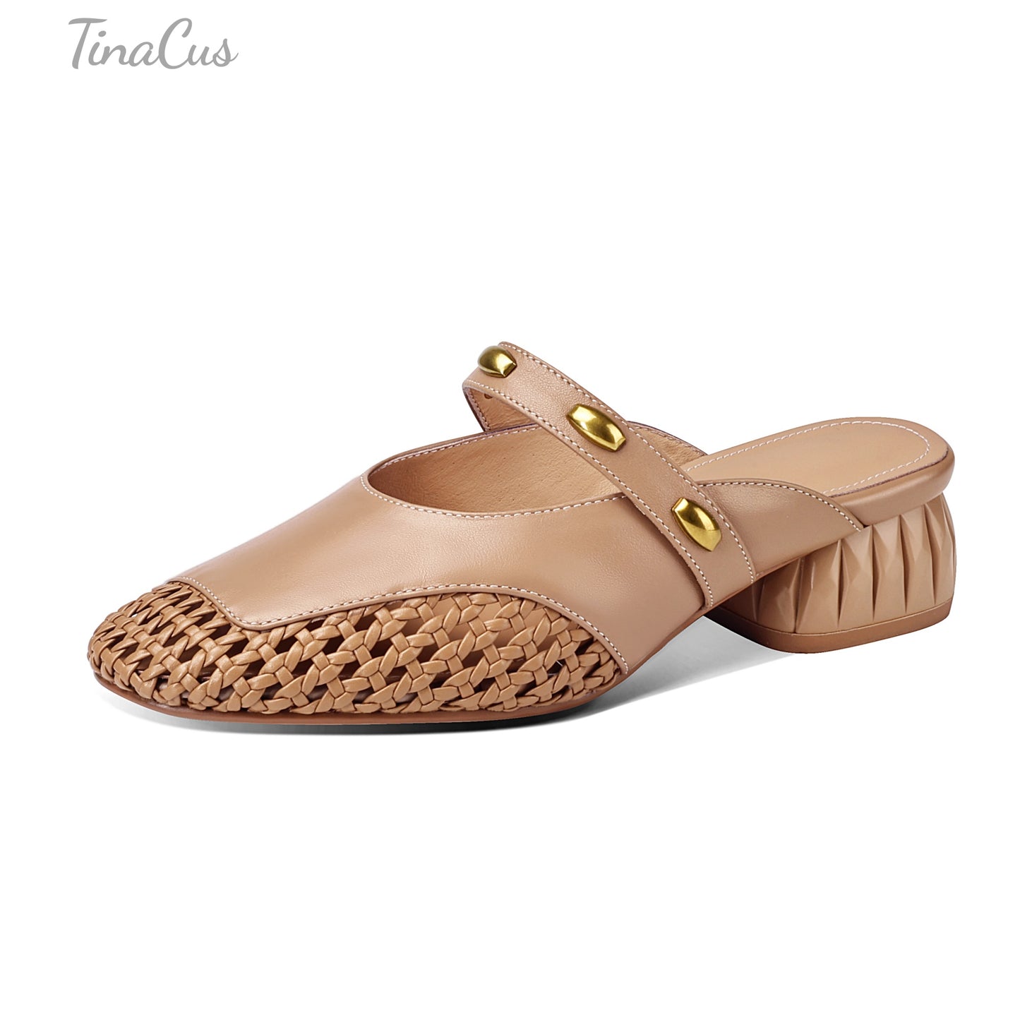 TinaCus Women's Round Toe Genuine Leather Mules Handmade Low Block Heel Woven Summer Slippers