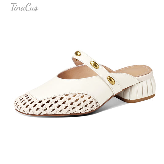 TinaCus Women's Round Toe Genuine Leather Mules Handmade Low Block Heel Woven Summer Slippers