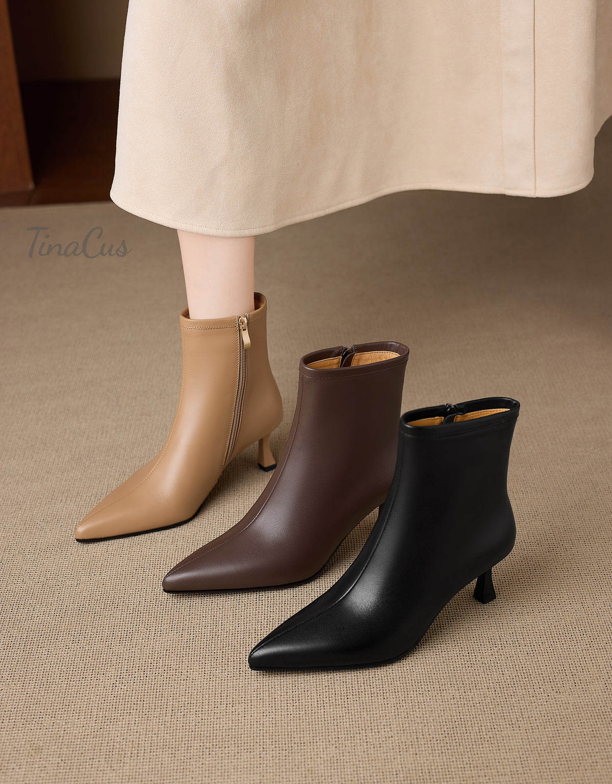 TinaCus Women's Pointed Toe Side Zipper Elegant Kitten Heel Ankle Boots