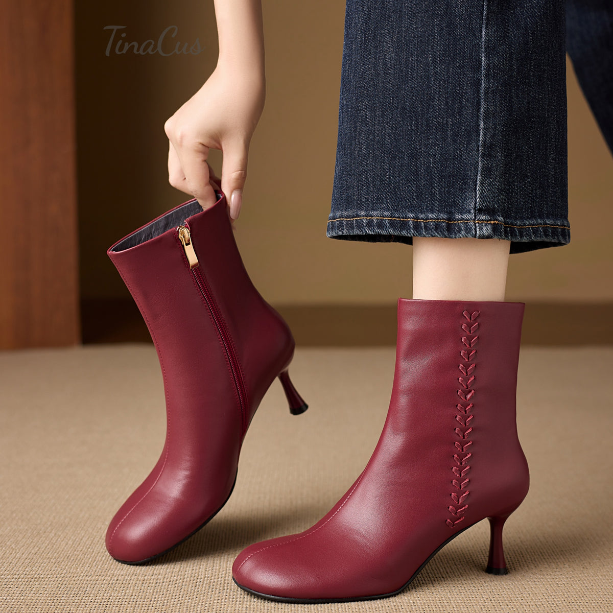 TinaCus Women’s Handmade Round Toe Side Zipper Kitten Heel Dress Ankle Booties
