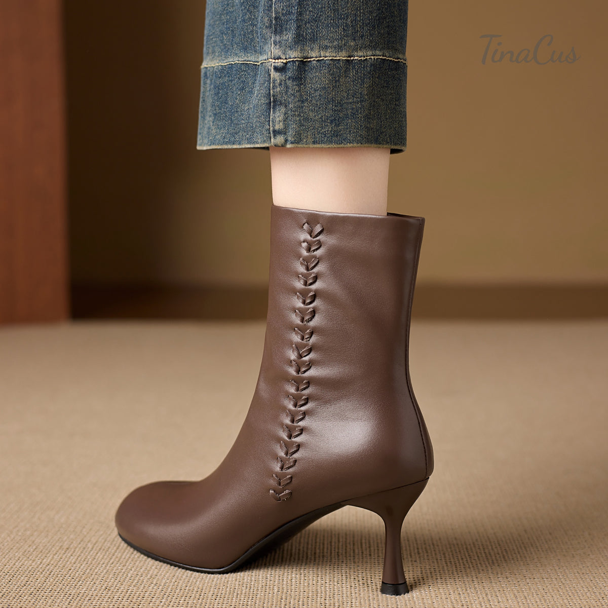 TinaCus Women’s Handmade Round Toe Side Zipper Kitten Heel Dress Ankle Booties