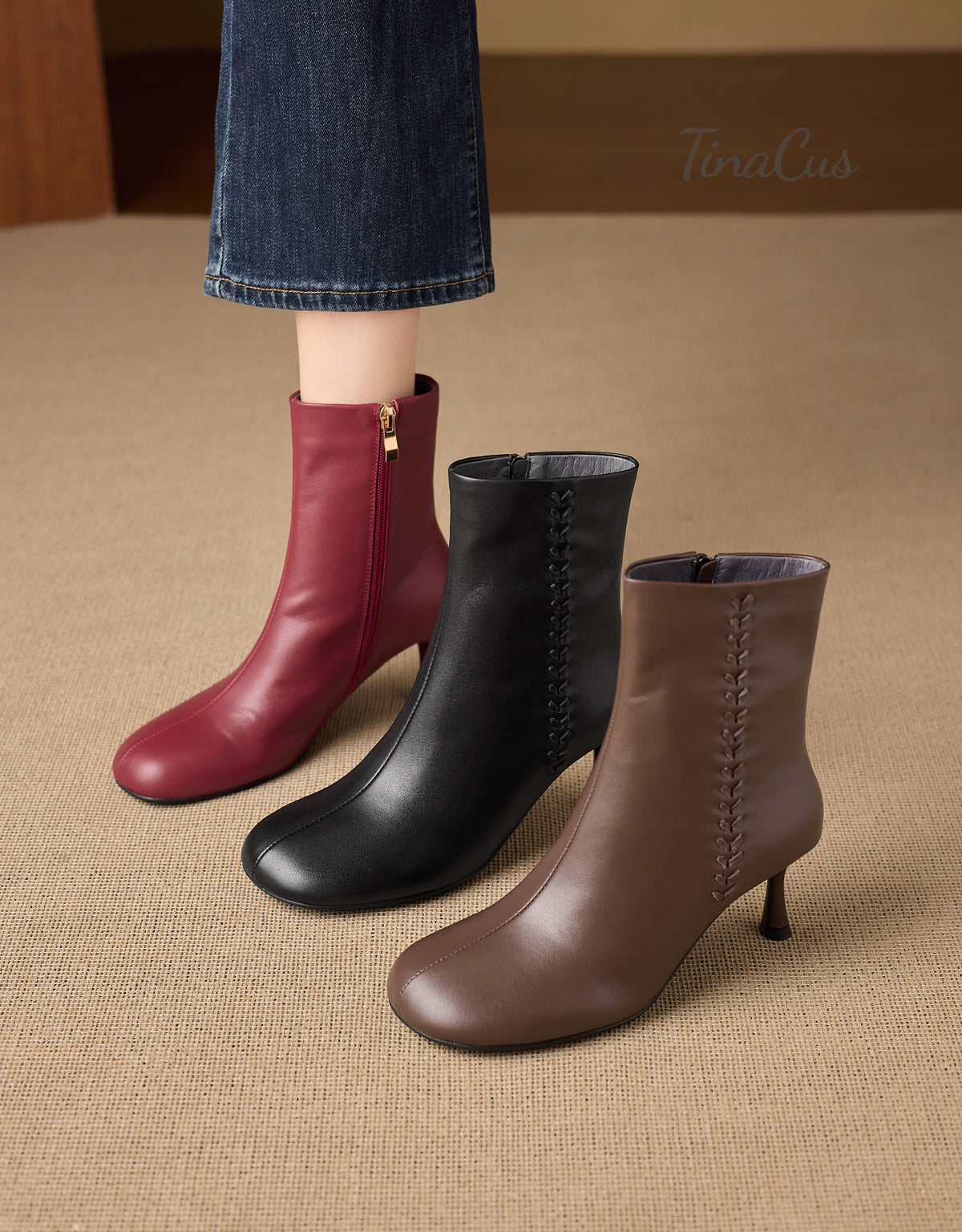 TinaCus Women’s Handmade Round Toe Side Zipper Kitten Heel Dress Ankle Booties