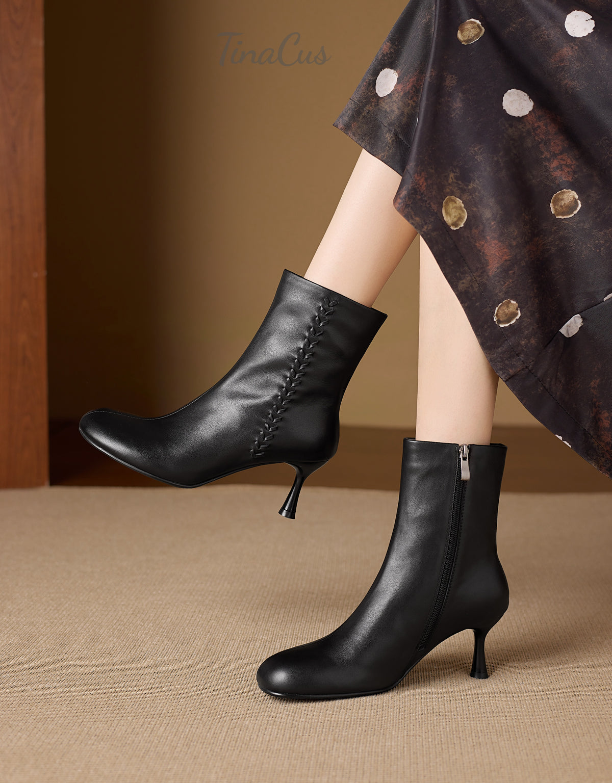 TinaCus Women’s Handmade Round Toe Side Zipper Kitten Heel Dress Ankle Booties