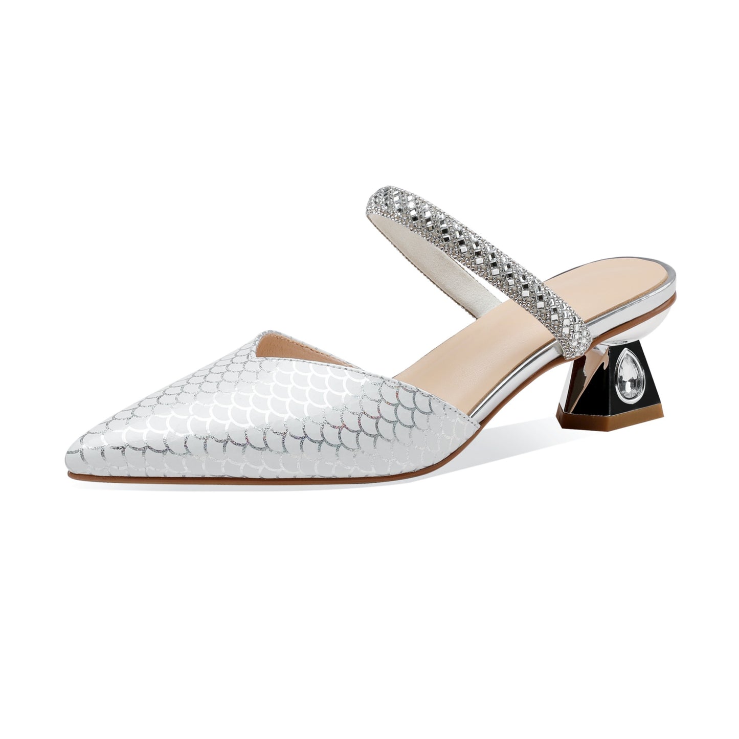 TinaCus Printed Genuine Leather Women's Pointed Toe Handmade Rhinestoes Décor Low Chunky Heels Slippers