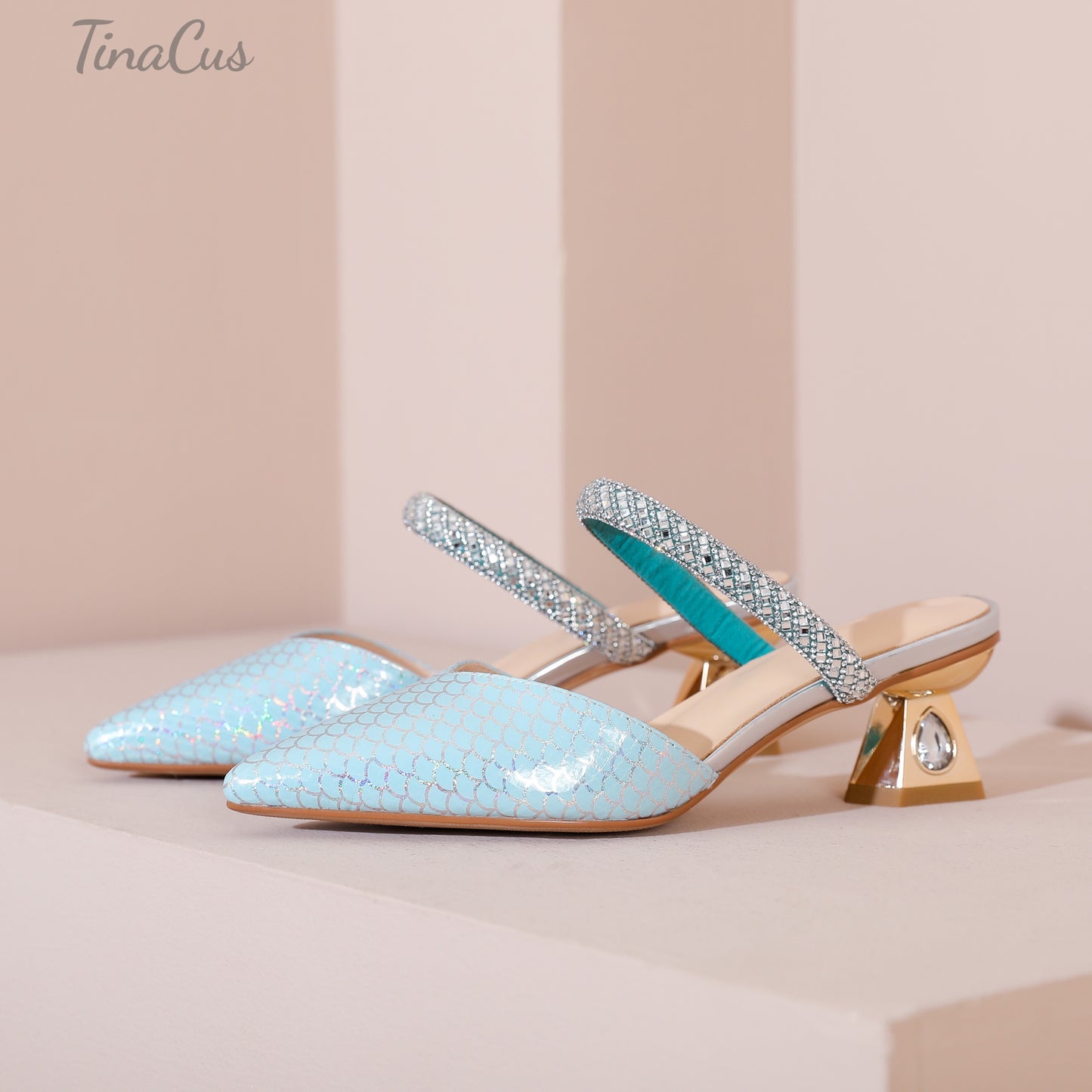 TinaCus Printed Genuine Leather Women's Pointed Toe Handmade Rhinestoes Décor Low Chunky Heels Slippers